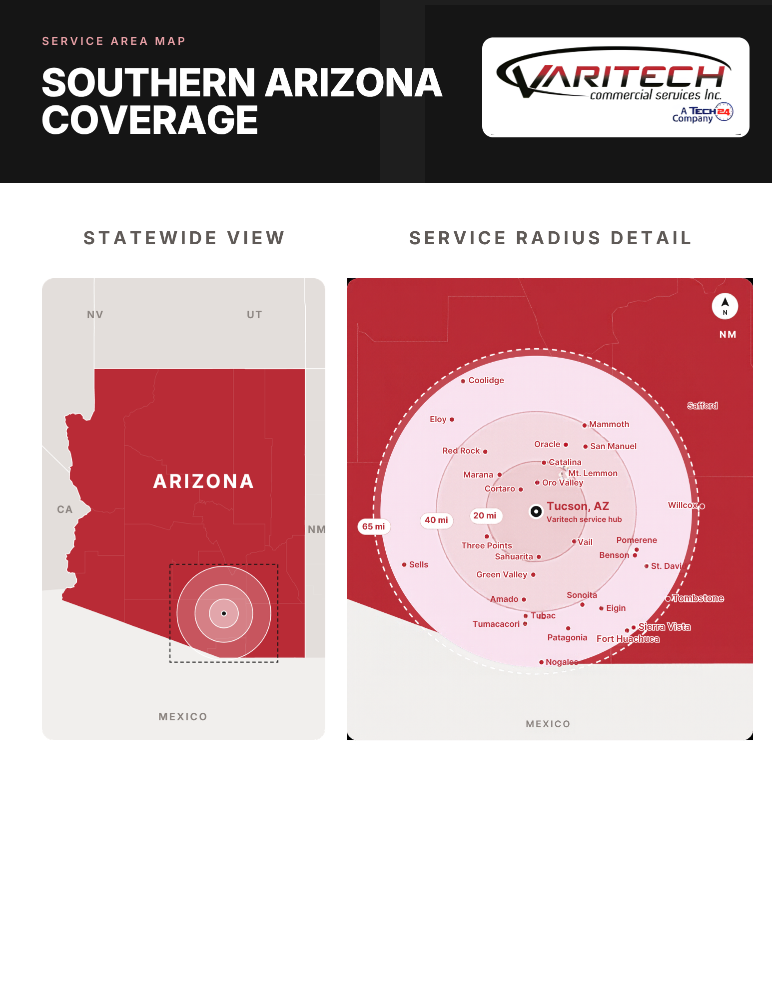 Southern Arizona service area map for Varitech Commercial Services, with coverage rings around its Tucson hub reaching Marana, Oracle, Green Valley, Nogales, Sierra Vista and Tombstone